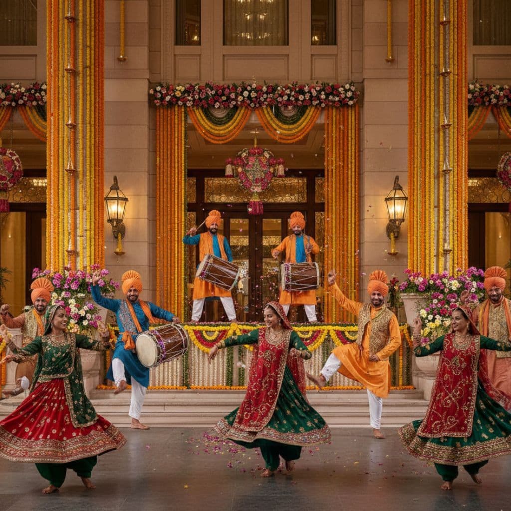 Punjabi-style welcome with dhol & dance