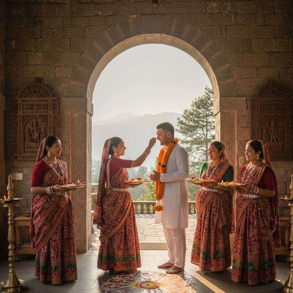 Traditional Kumaoni welcome (aarti, tika & garlands)